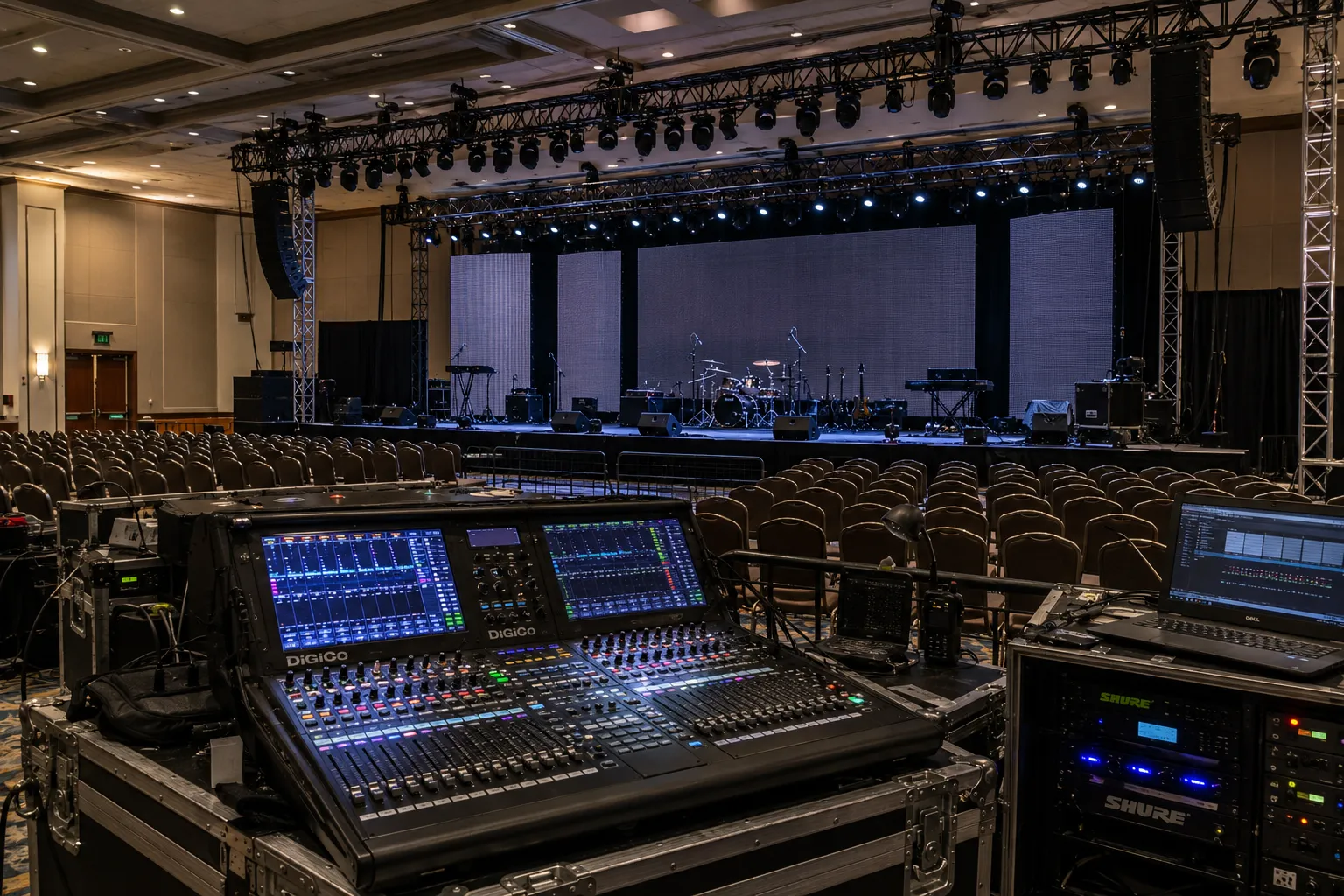 Professional production crew preparing audio, lighting and staging equipment for a live event