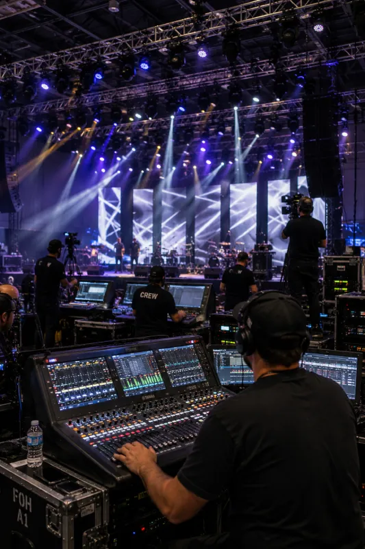 Professional event production team managing lighting, audio and stage equipment