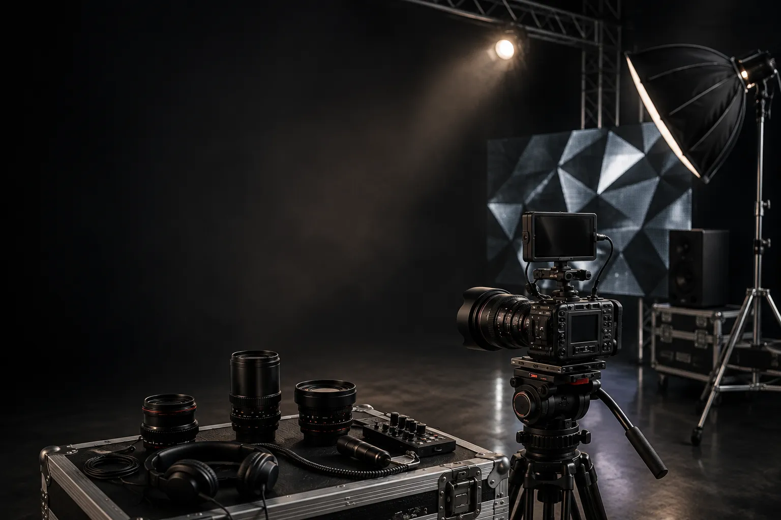Professional production crew preparing audio, lighting and staging equipment for a live event
